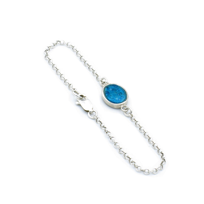 Dainty Oval Blue Roman Glass Sterling Silver Bracelet