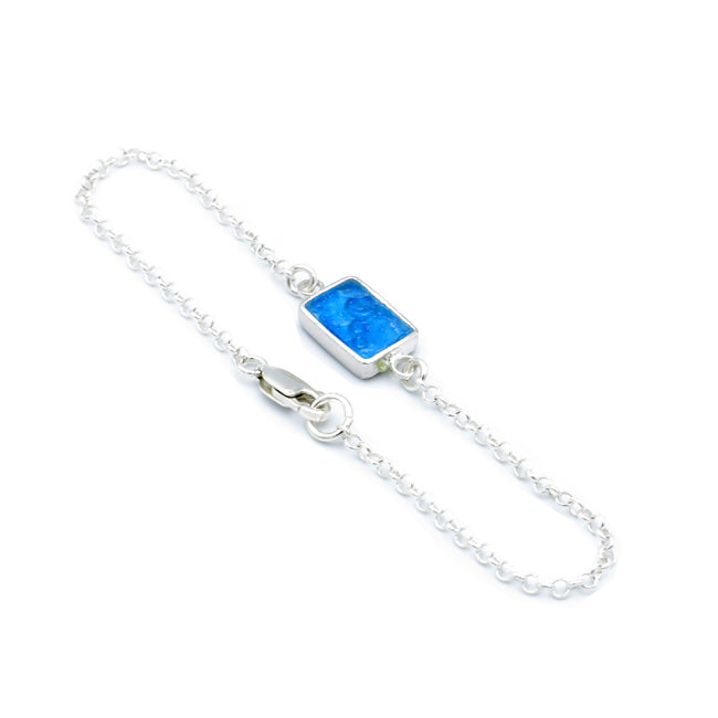 Dainty Rectangle Blue Roman Glass Sterling Silver Bracelet