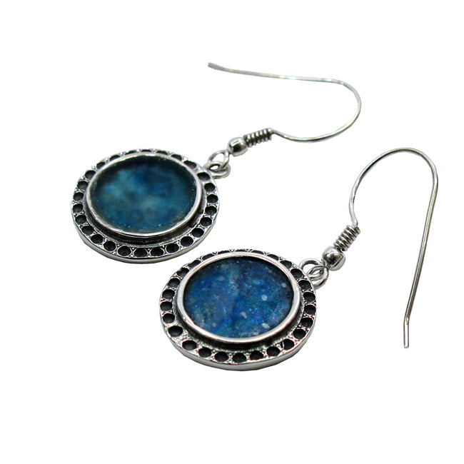 Engraved Sterling Silver Round Earrings With Roman Glass 