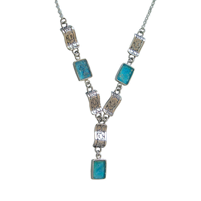 Silver Drops Floral Design Rectangle Roman Glass Necklace 