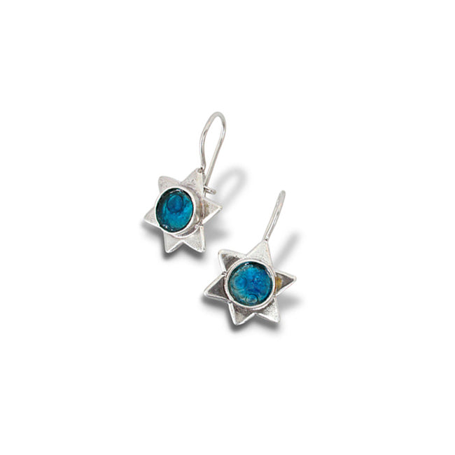 925 Silver Star Of David Earrings With Round Roman Glass 