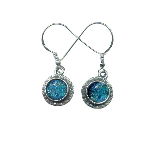Delicate Hammered Silver Round Earrings With Roman Glass 