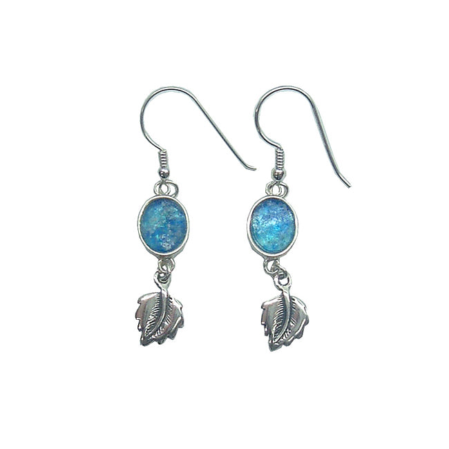 Delicate Oval Roman Glass Earrings With Silver Leaf Design 