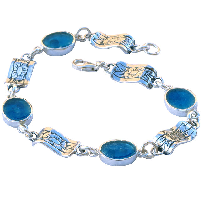 Dainty Oval Roman Glass Bracelet with Silver Floral Design