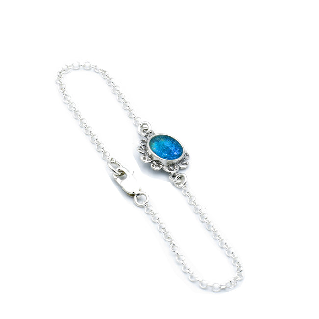 Dainty Blue Roman Glass 925 Sterling Silver Flower Bracelet