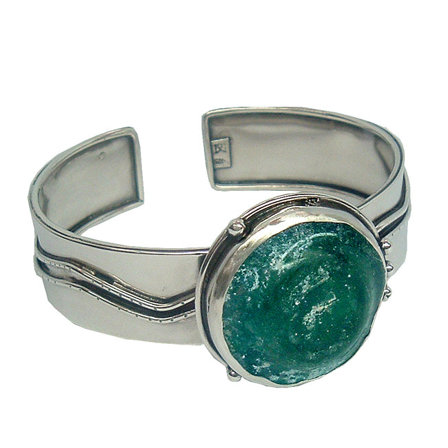 Beautiful Handmade Sterling Silver Cuff Bracelet with Ancient Roman Glass