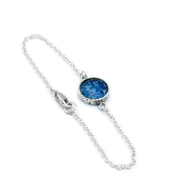 Dainty Round Blue Roman Glass Sterling Silver Bracelet