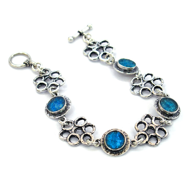 925 Silver Floral Design Round Roman Glass Bracelet