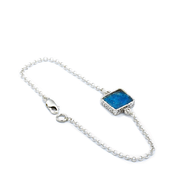 Dainty Square Blue Roman Glass Sterling Silver Bracelet