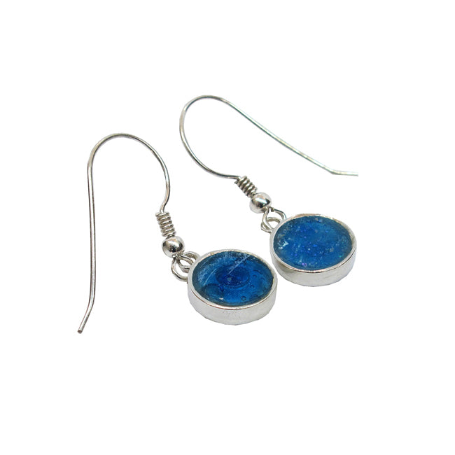 DELICATE STERLING SILVER ROUND BLUE ROMAN GLASS EARRINGS