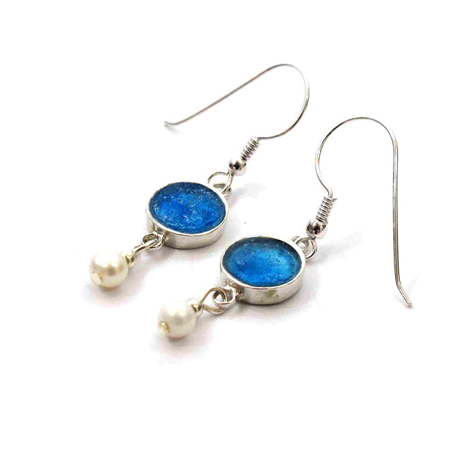 Delicate Silver Round Roman Glasss Earrings With Pearls Beads 
