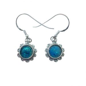 Hammered Sterling Silver Flower Design Roman Glass Earrings  