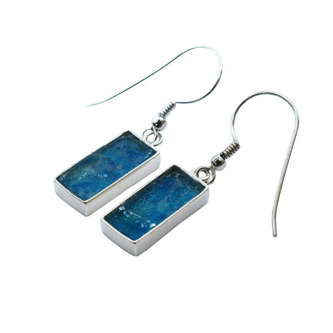925 Silver Rectangle Design Roman Glass Earrings 