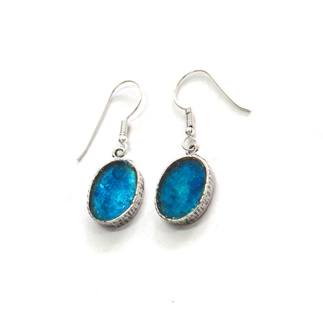 Oval Hammered Oxidized Roman Glass Earrings 
