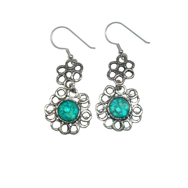 Ancient Roman Glass Artistic Silver Floral Dangle Earrings 