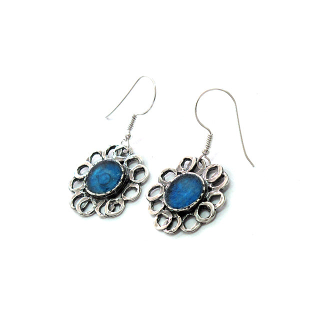 Ancient Roman Glass Silver flower Design Earrings 