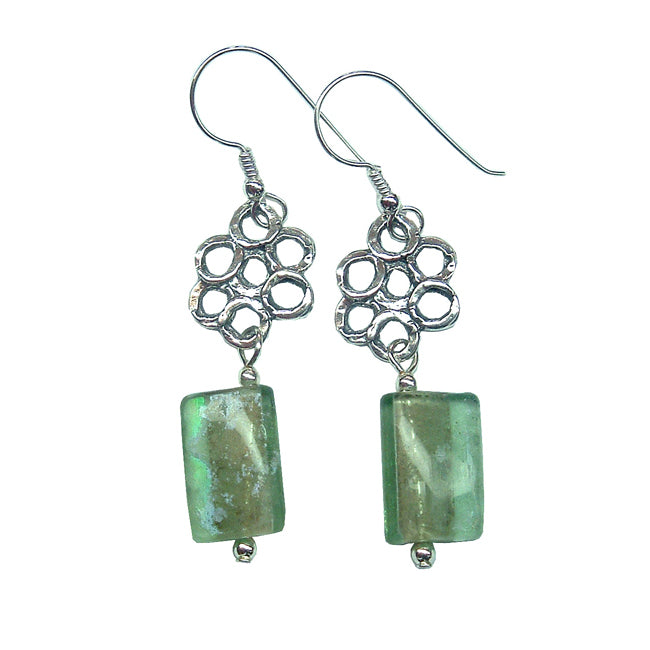 Unique 925 Silver Floral Design Roman Glass Beaded Earrings 