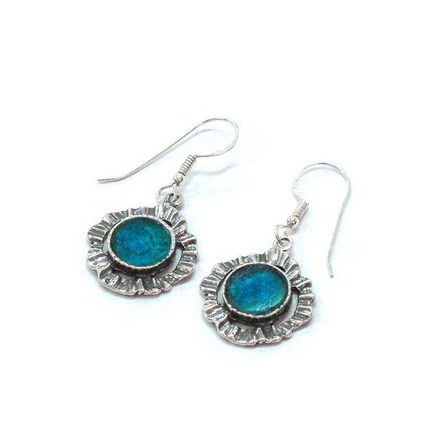 Delicate Textured Sterling Silver Round Roman Glass Earrings 