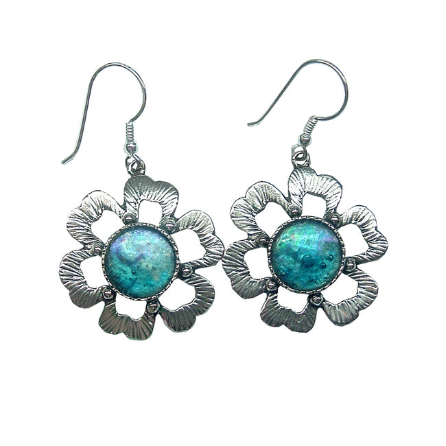 Textured Sterling Silver Roman Glass Large Floral Earrings 