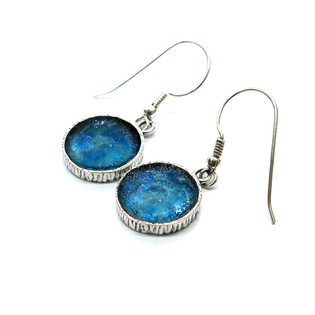 Classic Round Roman Glass Hammered 925 Silver Earrings 