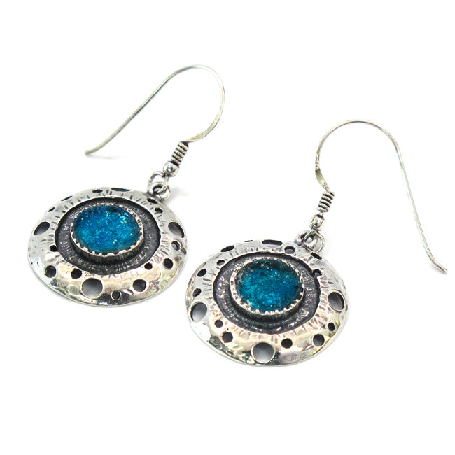 Silver Planets Design Round Roman Glass Earrings 