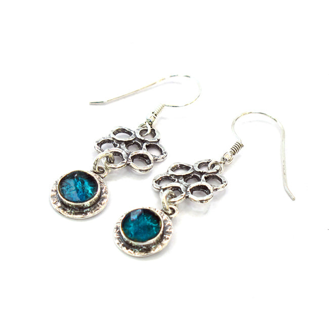 Beautiful Sterling Silver Floral Design Roman Glass Earrings 