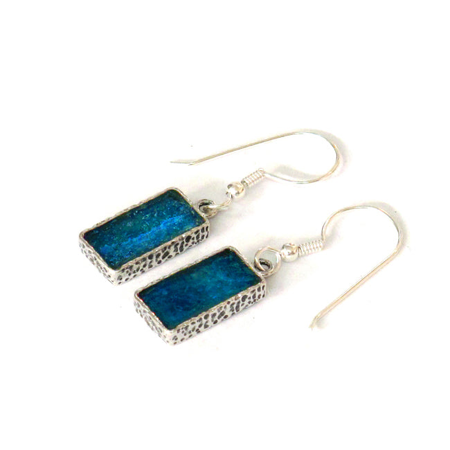Roman Glass Textured Sterling Silver Rectangle Earrings 