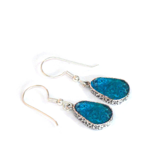 Ancient Basalt Well Design Roman Glass Dangling Earrings 