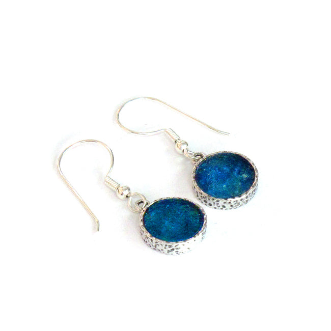 Round Roman Glass Textured Sterling Silver Earrings 