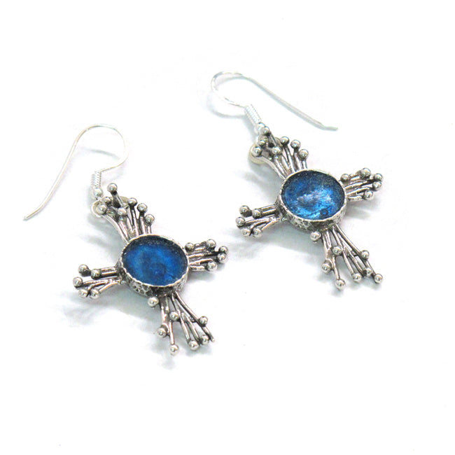 Roman Glass Tabha Cross Design Sterling Silver Earrings 