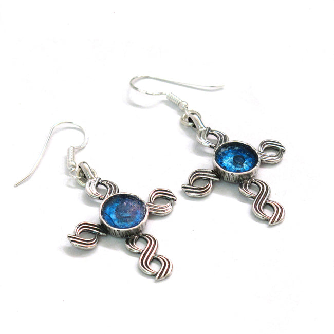 ROMAN GLASS CAPERNAUM CROSS DESIGN SILVER DANGLE EARRINGS