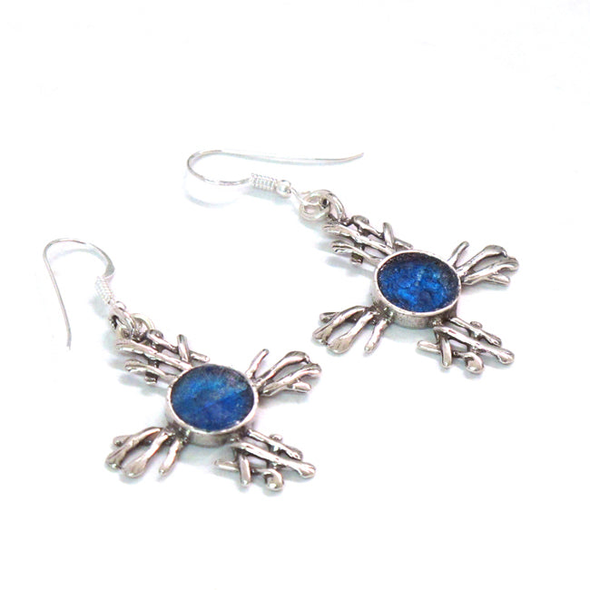 Roman Glass Magdala Cross Design 925 Silver Earrings 