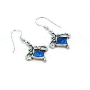 Graceful natural Design Rhombic Roman Glass Silver Earrings 