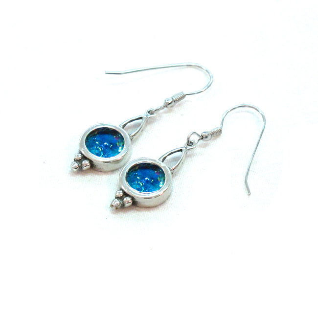 Round Roman Glass Delicate Mirror Design Earrings In Silver 