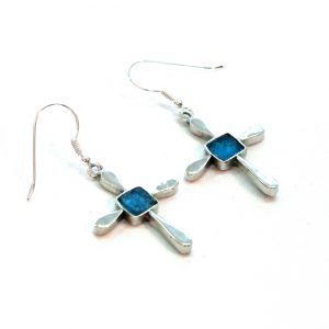 Lovely Cross Design Sterling Silver Earrings With Roman Glass 