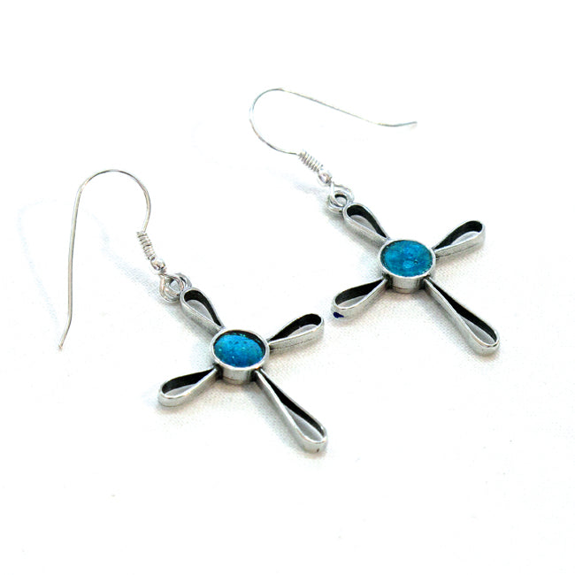 Four Winds Cross Design 925 Silver Earrings With Roman Glass 