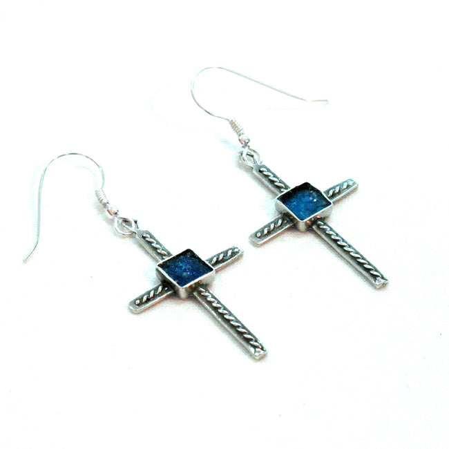 Olive Tree Cross design 925 Silver Earrings With Roman Glass 