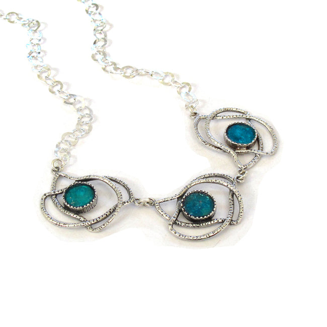 Flying Birds Design 925 Silver Necklace With Roman Glass 