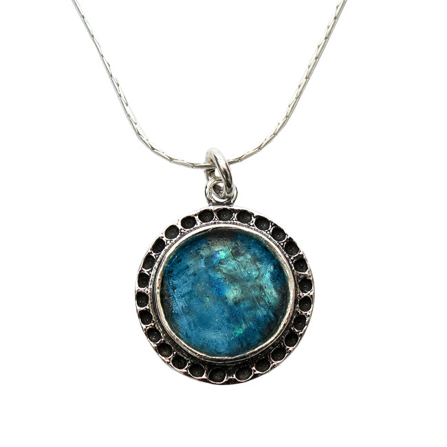 Engraved Sterling Silver Round Roman Glass Pendant 