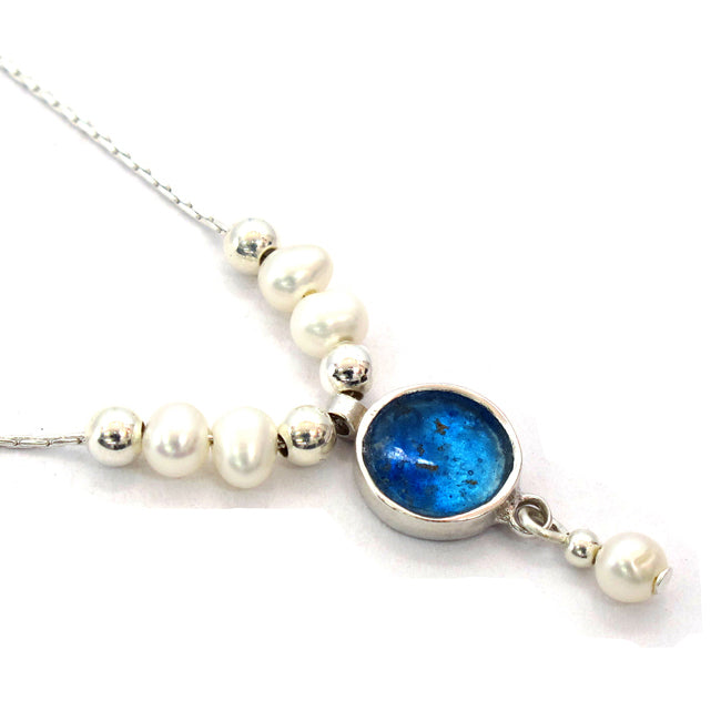 Roman Glass Small Round Sterling Silver Pendant And Pearls 