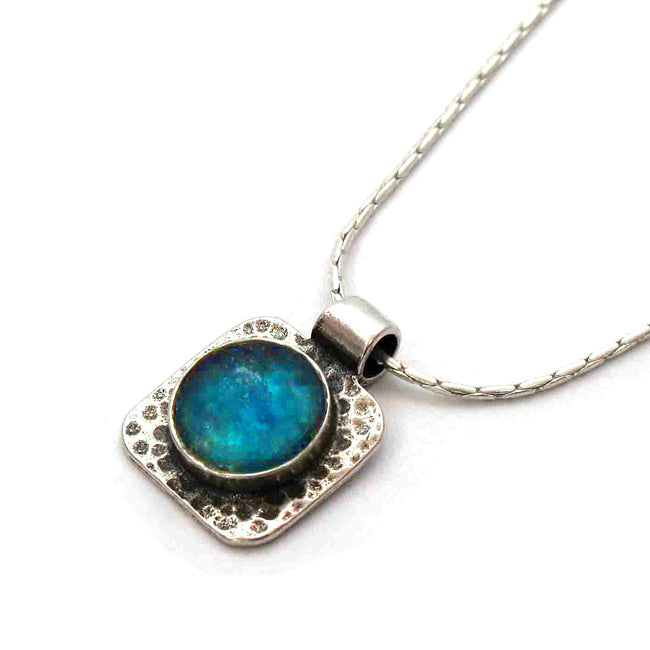 Hammered Silver Blue Roman Glass Square Pendant 