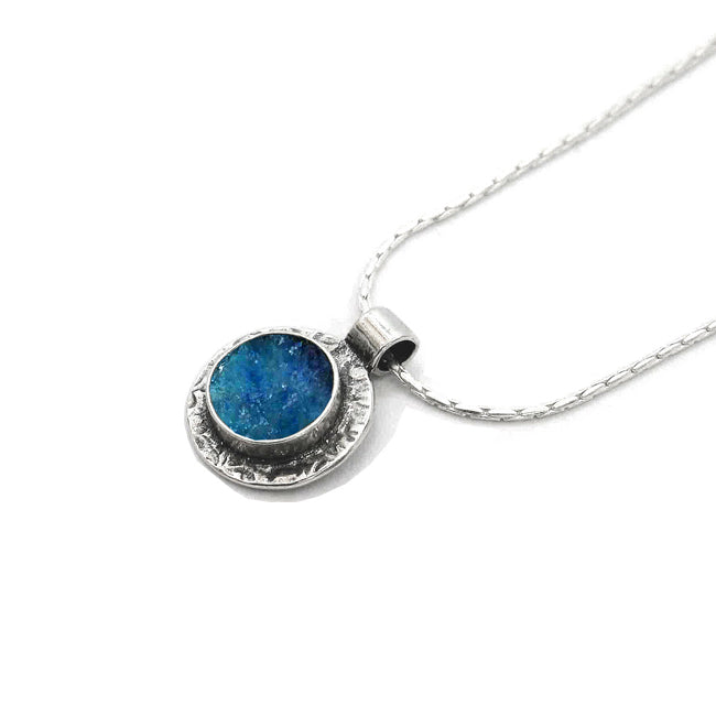 Hammered Silver Blue Roman Glass Round Pendant 