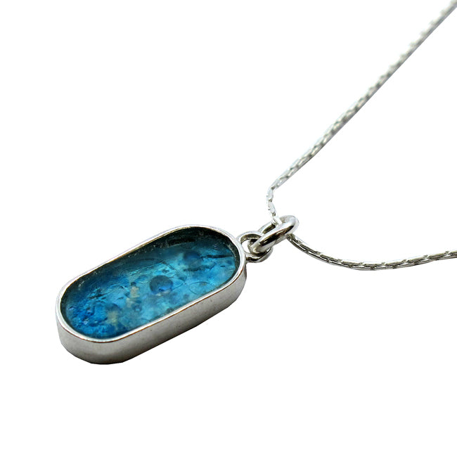 Delicate Silver Oblong Blue Roman Glass Pendant 