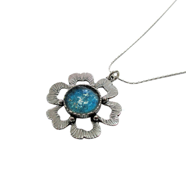 Sterling Silver Large Flower Design Roman Glass Pendant 