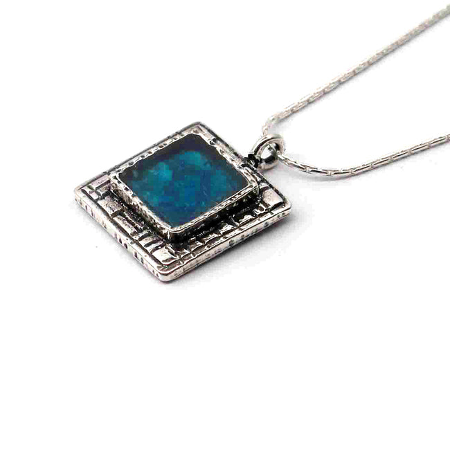 Geometric Textured Silver Design Square Roman Glass Pendant 