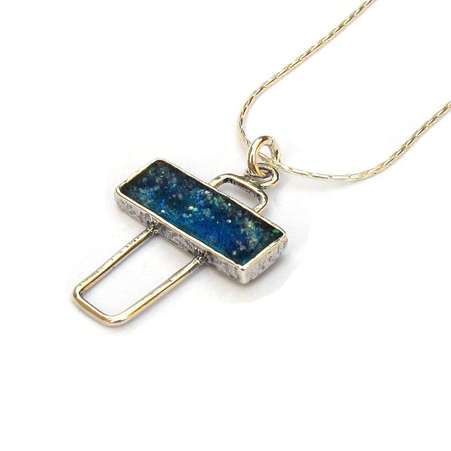 Hippops Cross Roman Glass Silver Pendant 