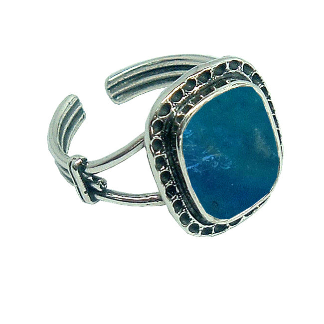 Textured Sterling Silver Rectangle Roman Glass Ring 